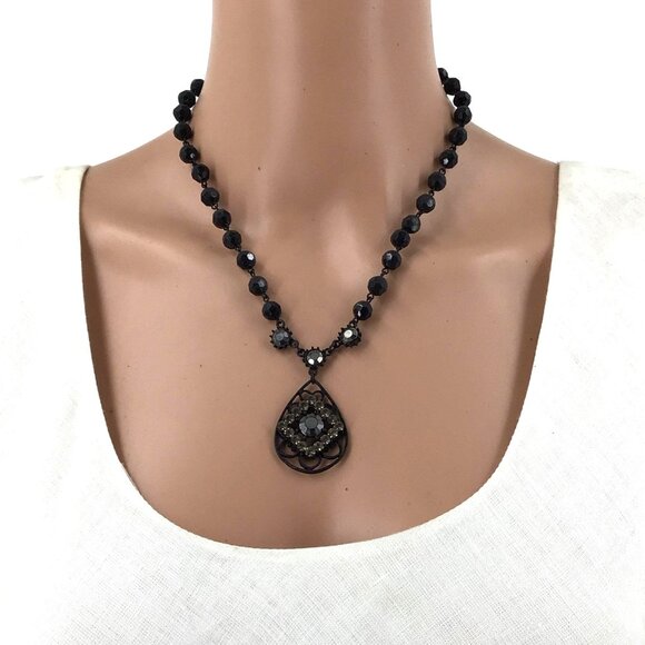 Vintage Robert Rose Necklace Black Beaded Rhinestone Pendant Adjustable Length - Picture 2 of 2